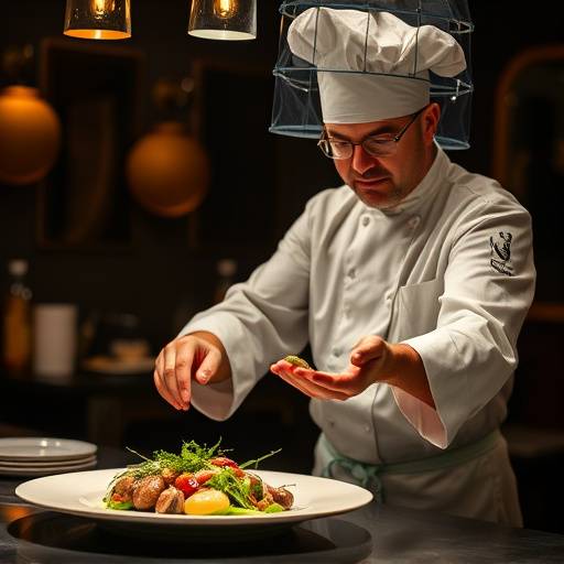 Chef renomado apresentando um prato elaborado em um programa de culin&aacute;ria.